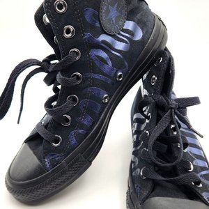 Black Converse Chuck Taylor All Star Hi Tops - Blue Logo Script - Women's 9
